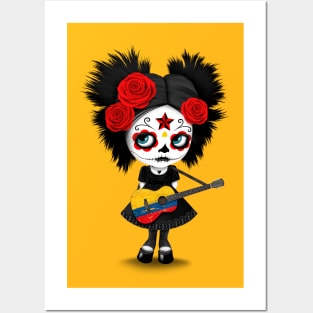 Sugar Skull Girl Playing Colombian Flag Guitar Posters and Art